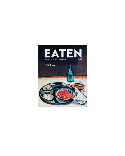 Magazine cover titled 'Eaten' with a painting of food 