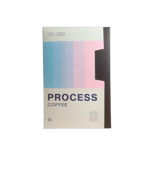 Process Coffee packaging with pastel color swatches on a white background