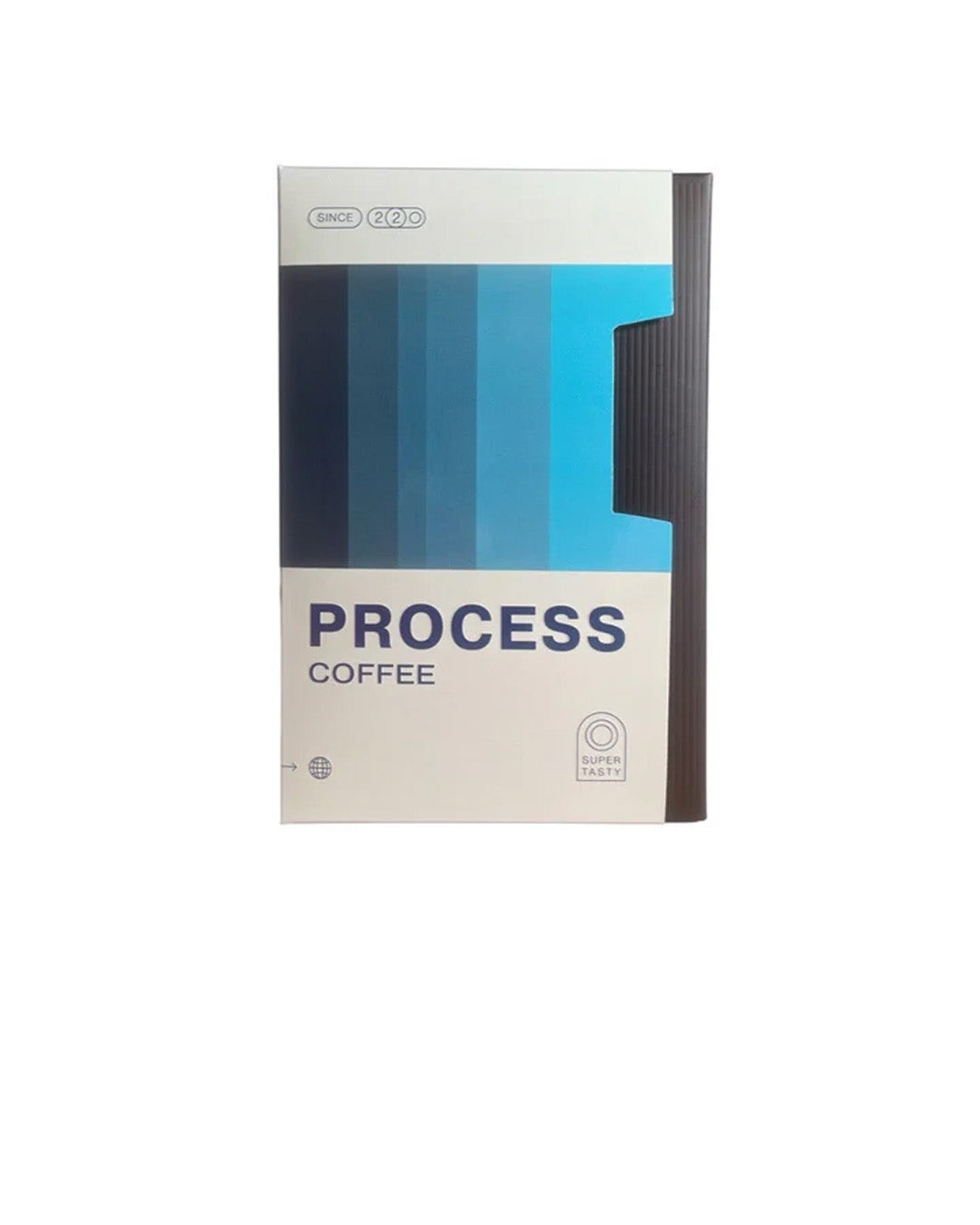 Process Coffee packaging with blue and black design on a white background